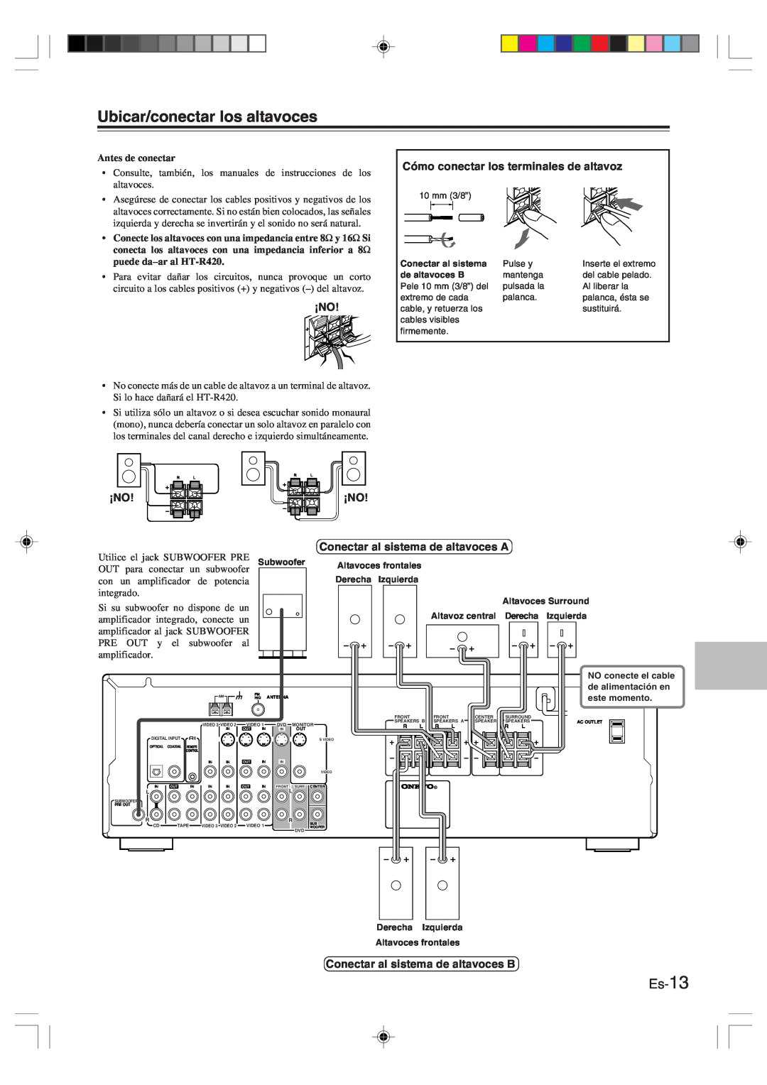 Onkyo HT-R420 manual Ubicar/conectar los altavoces, Es-13, Antes de conectar 