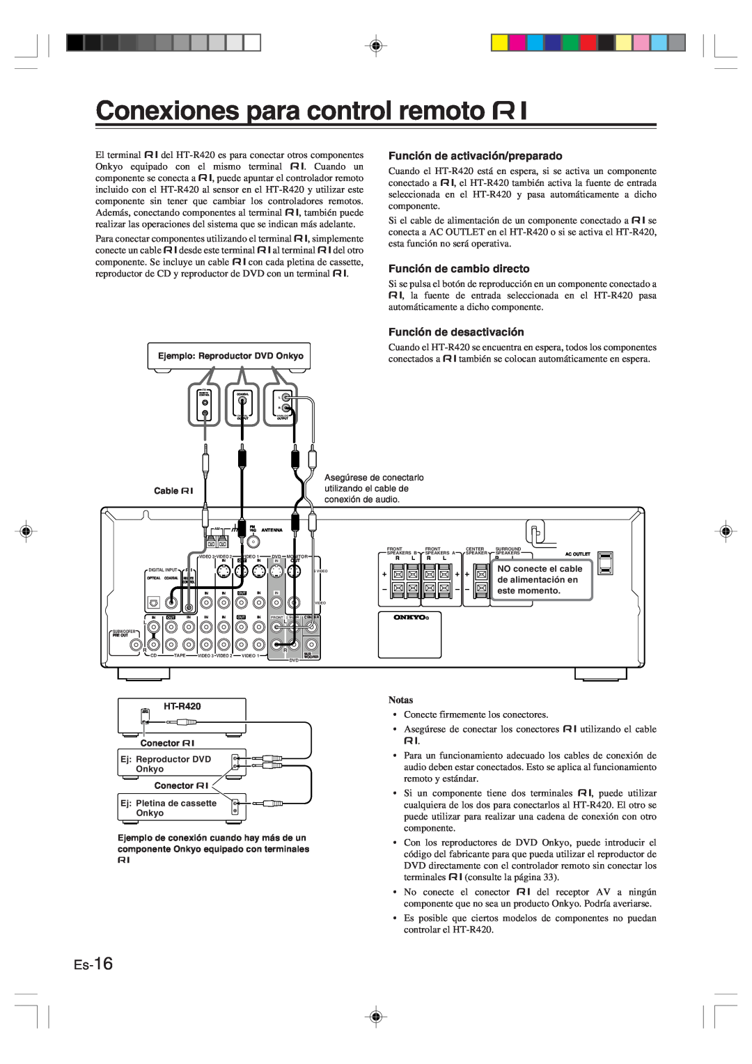 Onkyo HT-R420 manual Conexiones para control remoto z, Es-16, Notas 