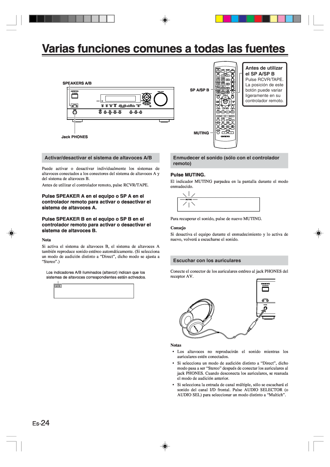 Onkyo HT-R420 manual Varias funciones comunes a todas las fuentes, Es-24, Consejo, Notas 