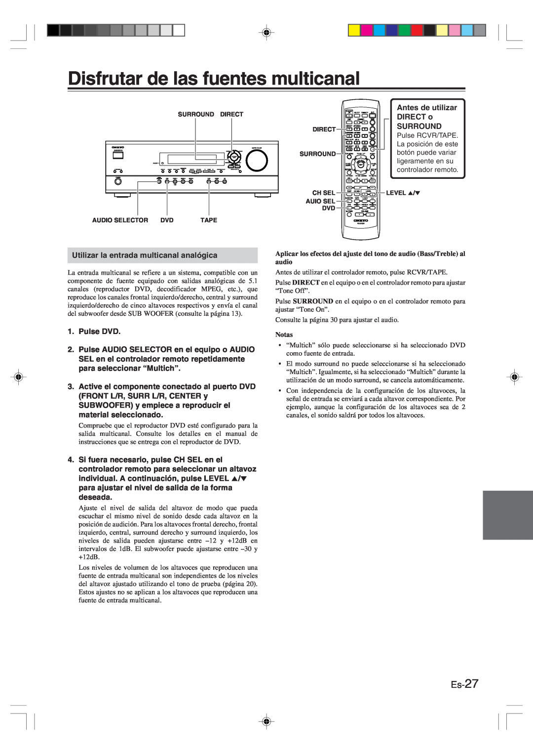 Onkyo HT-R420 manual Disfrutar de las fuentes multicanal, Es-27, Notas 