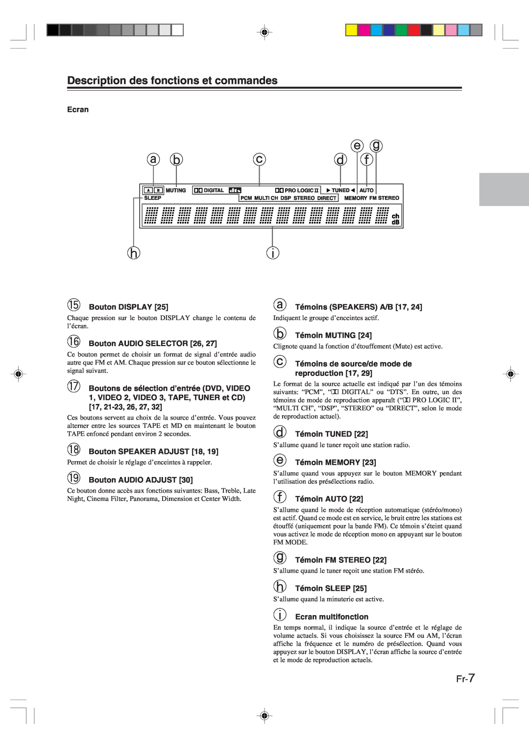 Onkyo HT-R420 manual Description des fonctions et commandes, Fr-7 