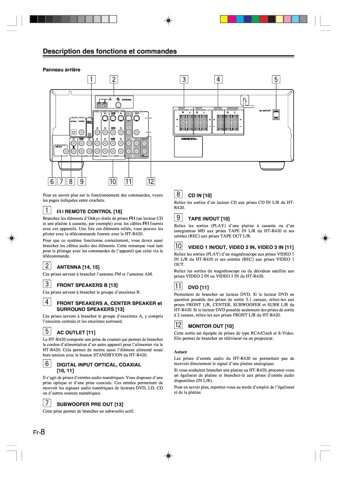 Onkyo HT-R420 manual 6 7 8 9 p q w, Fr-8, Description des fonctions et commandes 