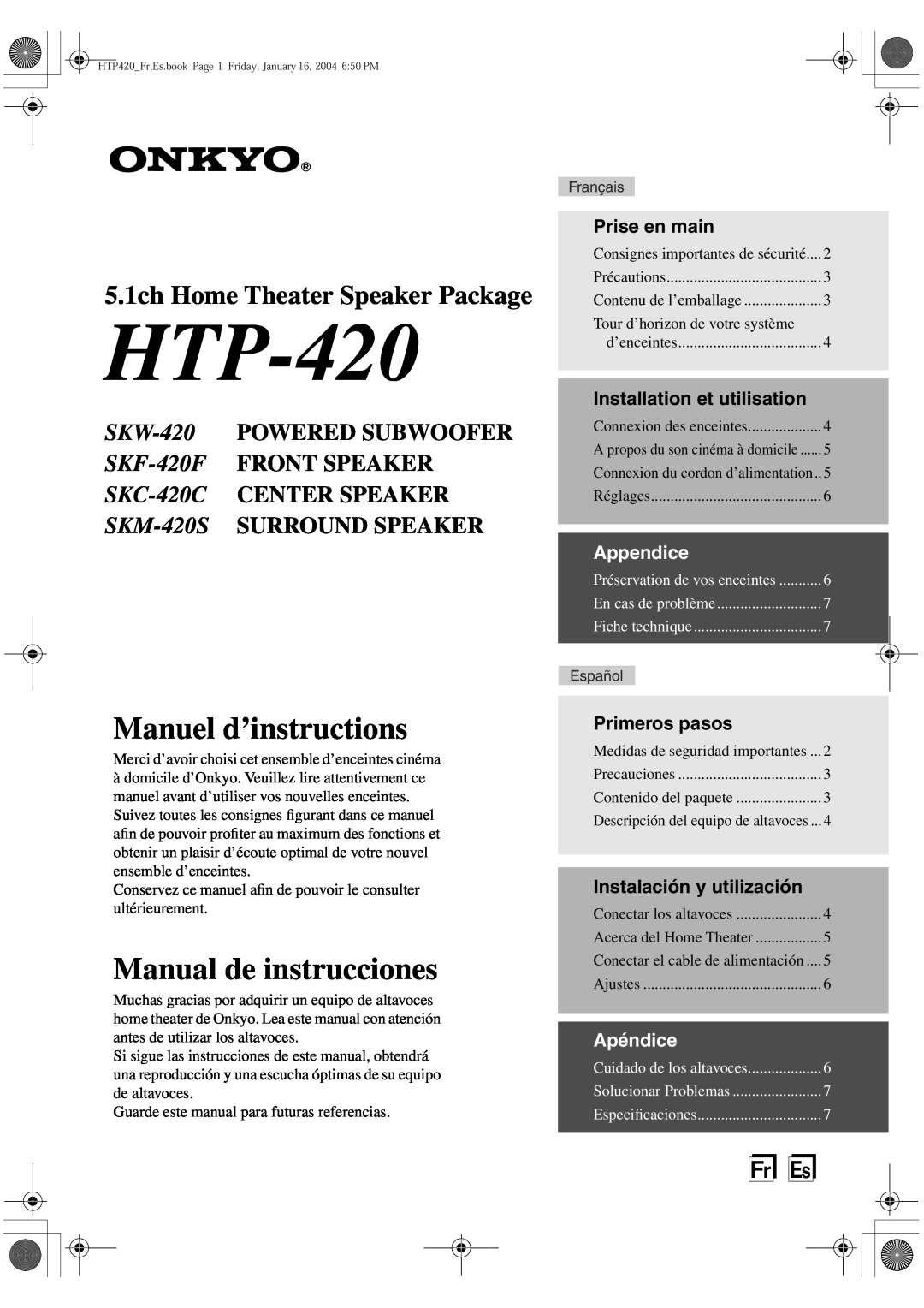 Onkyo HT-R420 5.1ch Home Theater Speaker Package, FrEs, Prise en main, Installation et utilisation, Appendice, Apéndice 