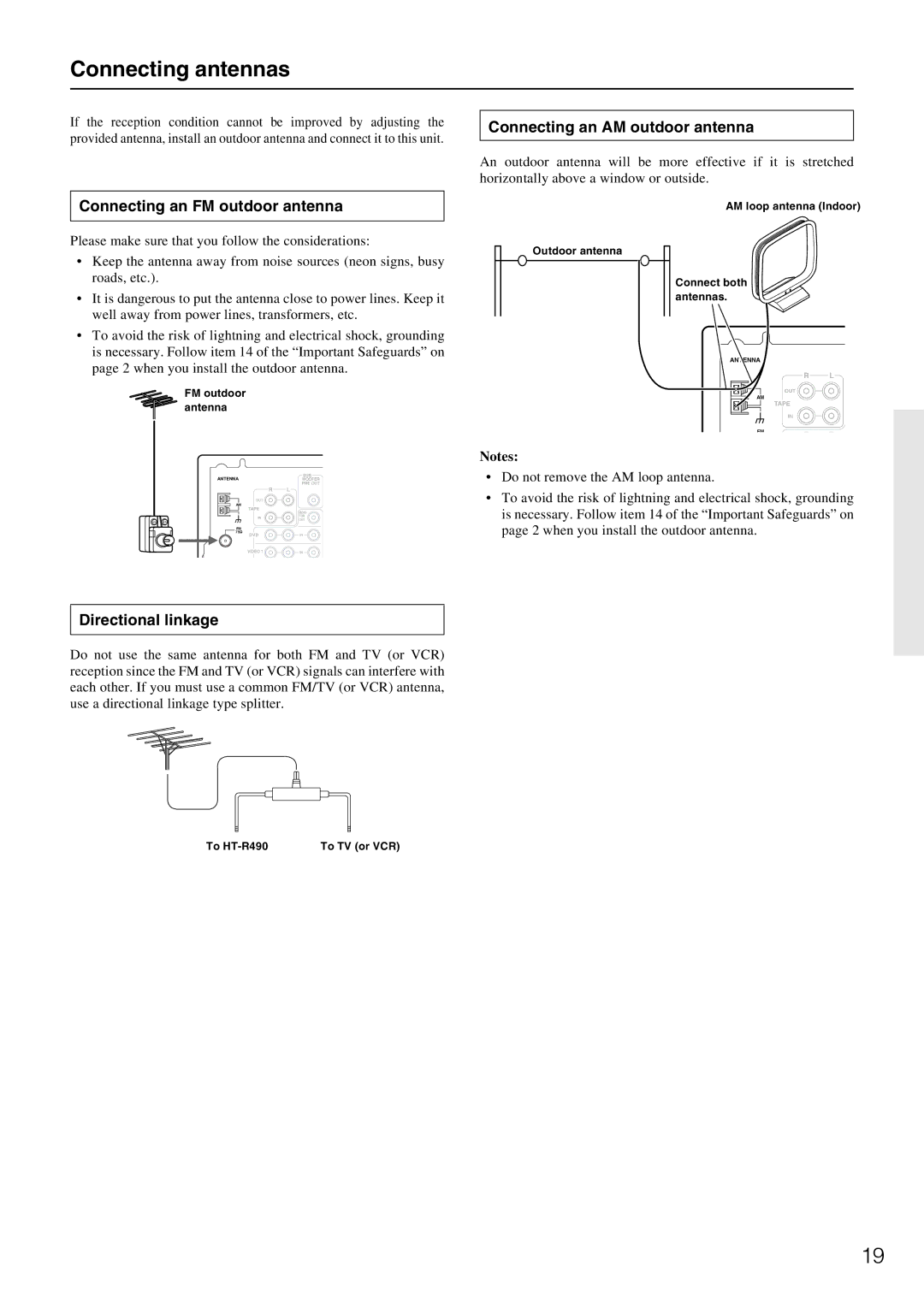 Onkyo HT-R490 Connecting antennas, Connecting an AM outdoor antenna, Connecting an FM outdoor antenna, Directional linkage 