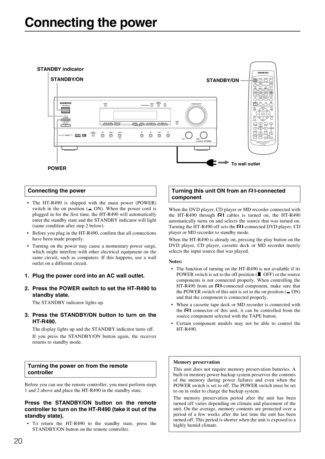 Onkyo appendix Connecting the power, Press the STANDBY/ON button to turn on the HT-R490 