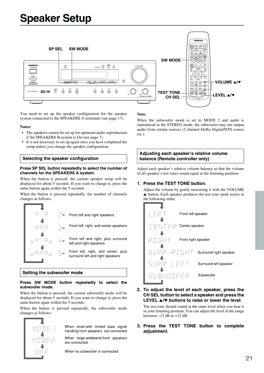 Onkyo HT-R490 Speaker Setup, Selecting the speaker configuration, Setting the subwoofer mode, Press the Test Tone button 