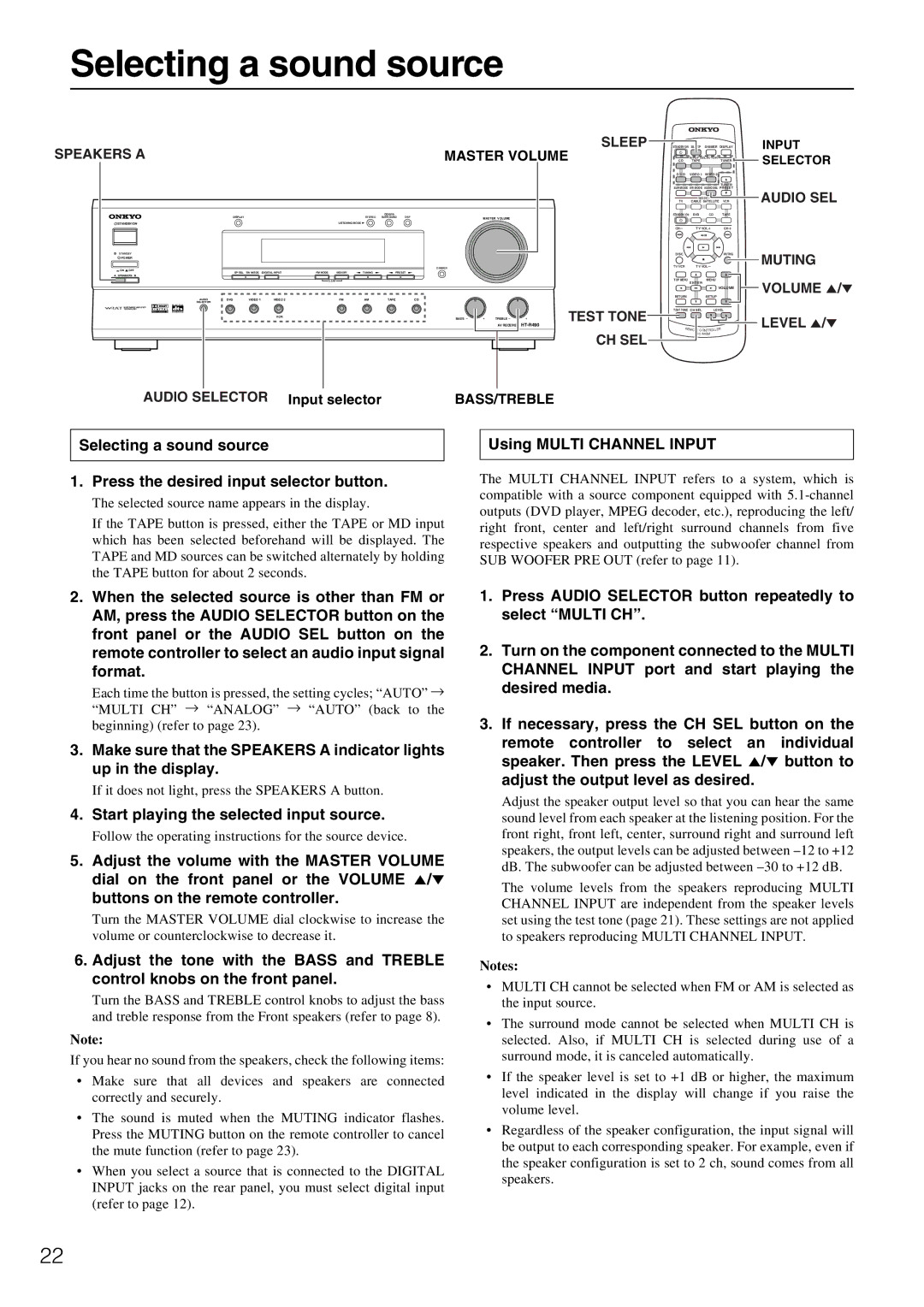 Onkyo HT-R490 appendix Selecting a sound source, Using Multi Channel Input, Start playing the selected input source 