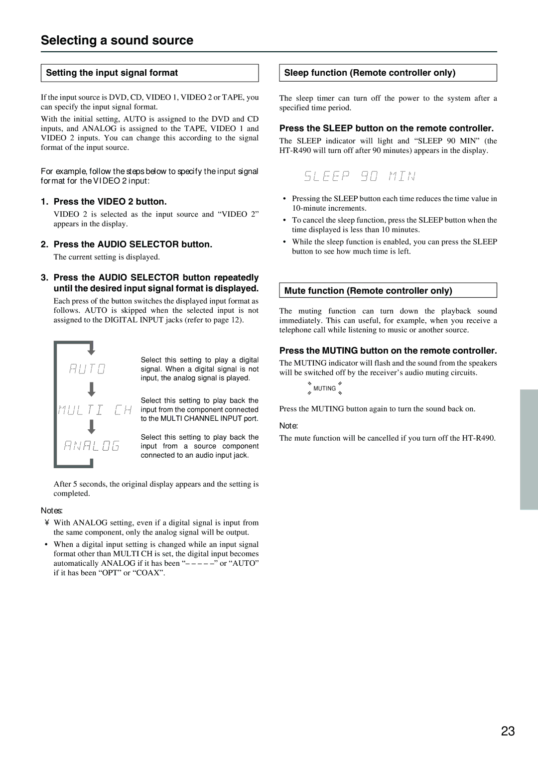 Onkyo HT-R490 appendix Selecting a sound source 