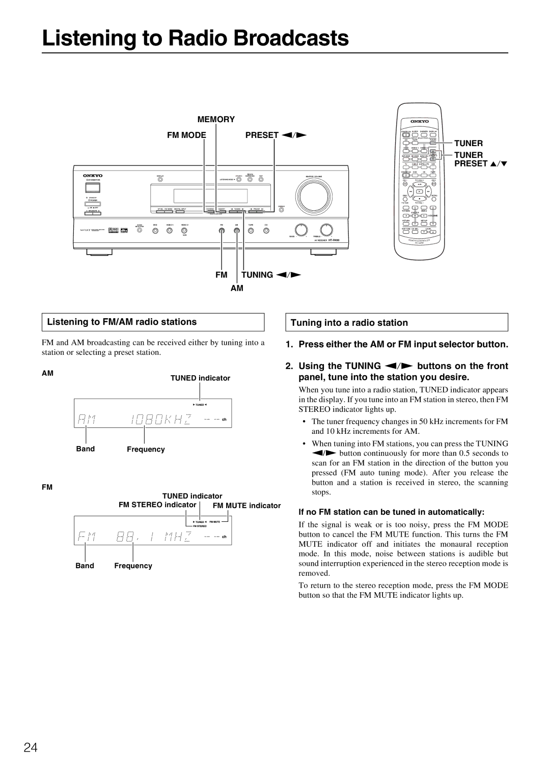 Onkyo HT-R490 appendix Listening to Radio Broadcasts, Listening to FM/AM radio stations, Memory FM Mode, Tuner, Preset 5/∞ 