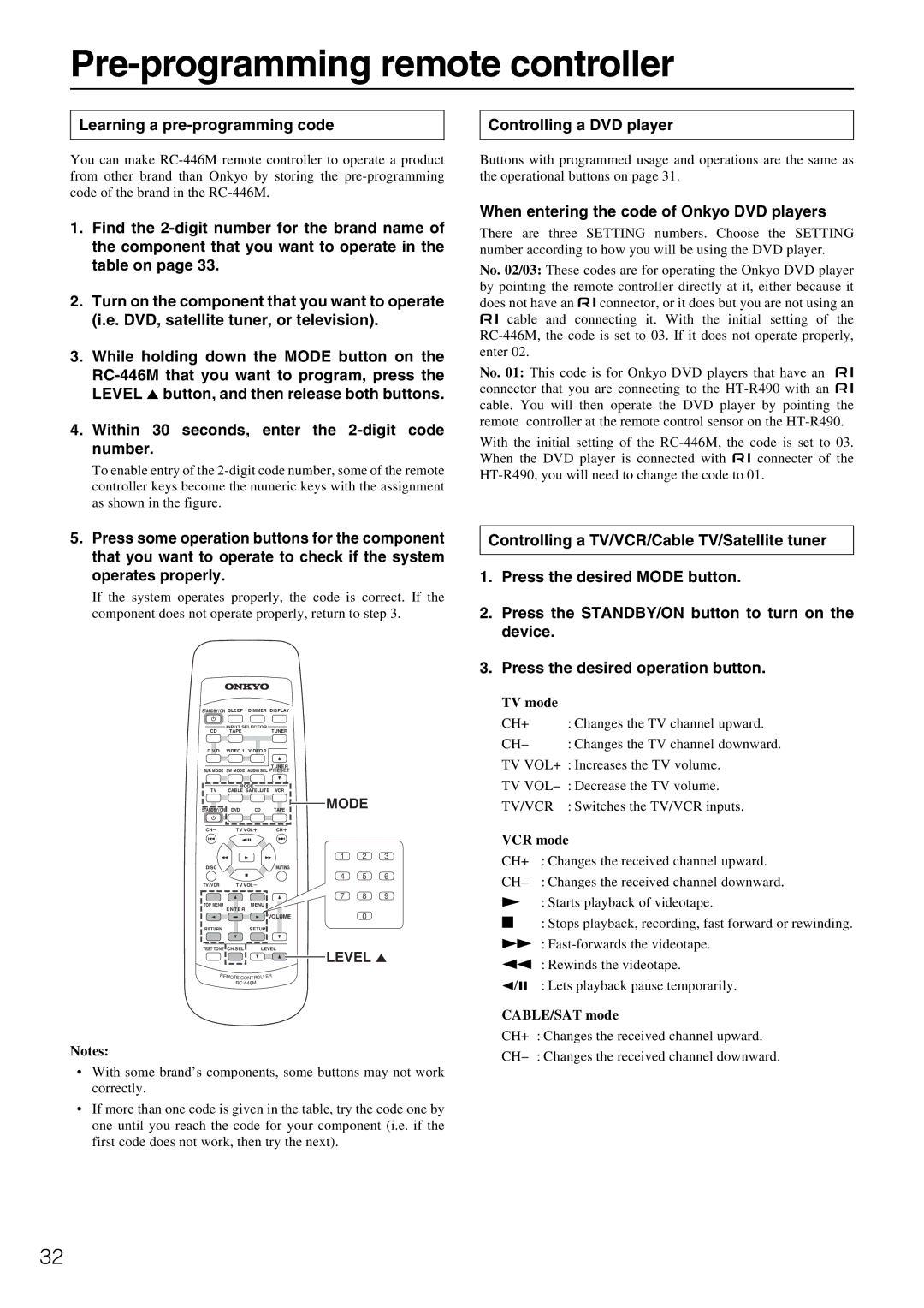 Onkyo HT-R490 Pre-programming remote controller, Learning a pre-programming code Controlling a DVD player, Mode, Level 