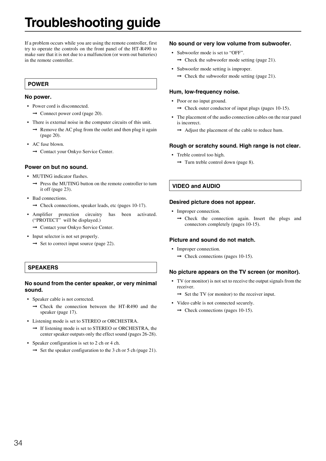 Onkyo HT-R490 appendix Troubleshooting guide, Power 