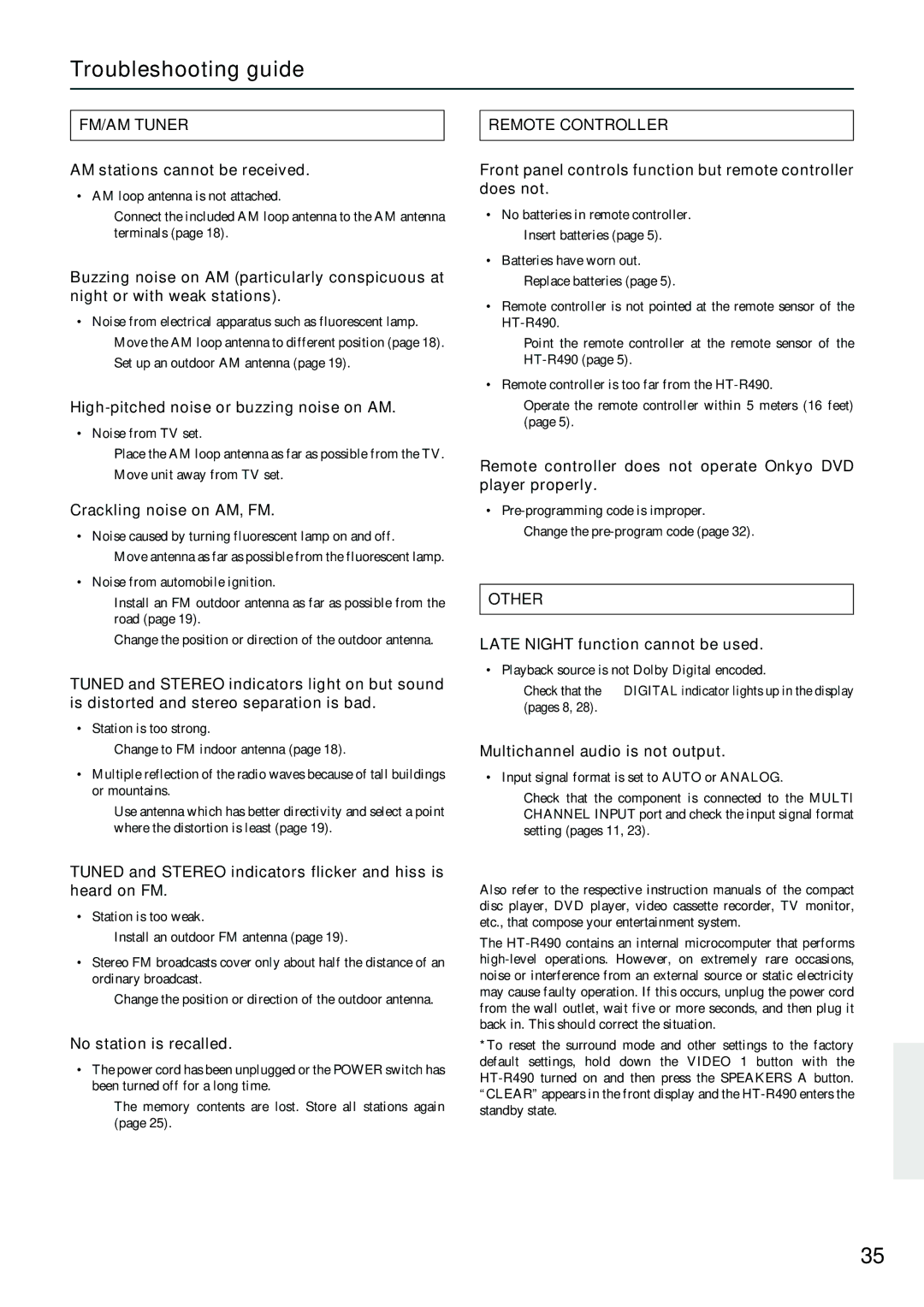 Onkyo HT-R490 appendix Troubleshooting guide, FM/AM Tuner, Remote Controller, Other 