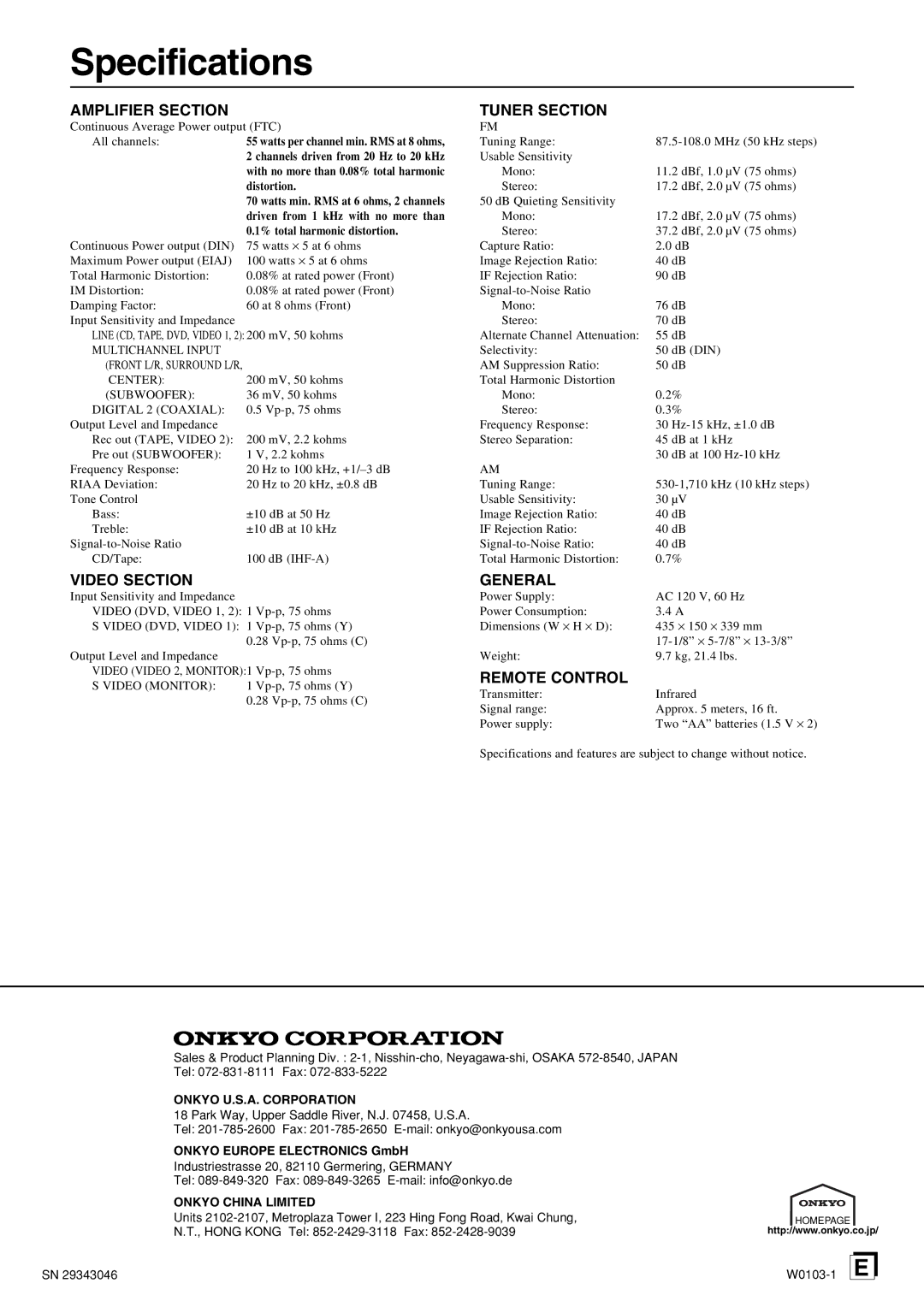 Onkyo HT-R490 appendix Specifications, Amplifier Section Tuner Section, Video Section, General, Remote Control 