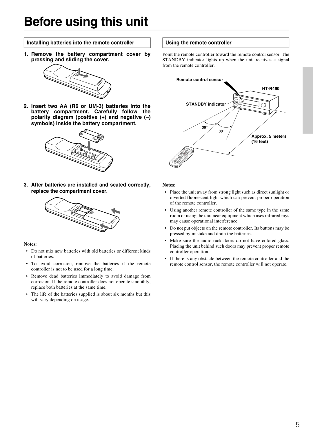 Onkyo HT-R490 appendix Before using this unit, Using the remote controller 