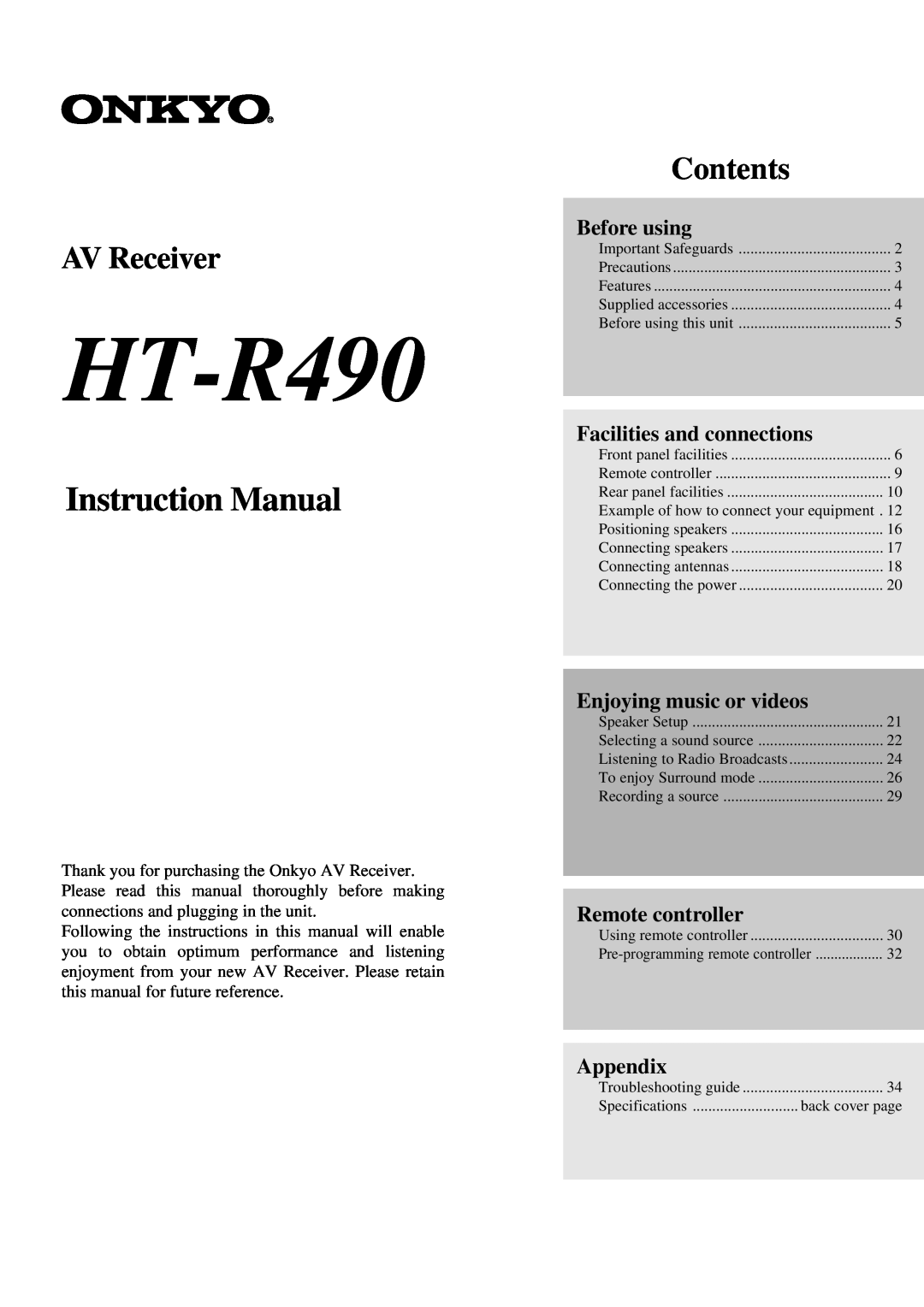 Onkyo HT-R490 appendix Instruction Manual, AV Receiver, Contents, Before using, Facilities and connections, Appendix 