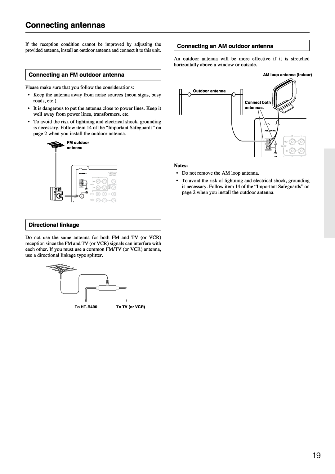 Onkyo HT-R490 Connecting antennas, Connecting an AM outdoor antenna, Connecting an FM outdoor antenna, Directional linkage 