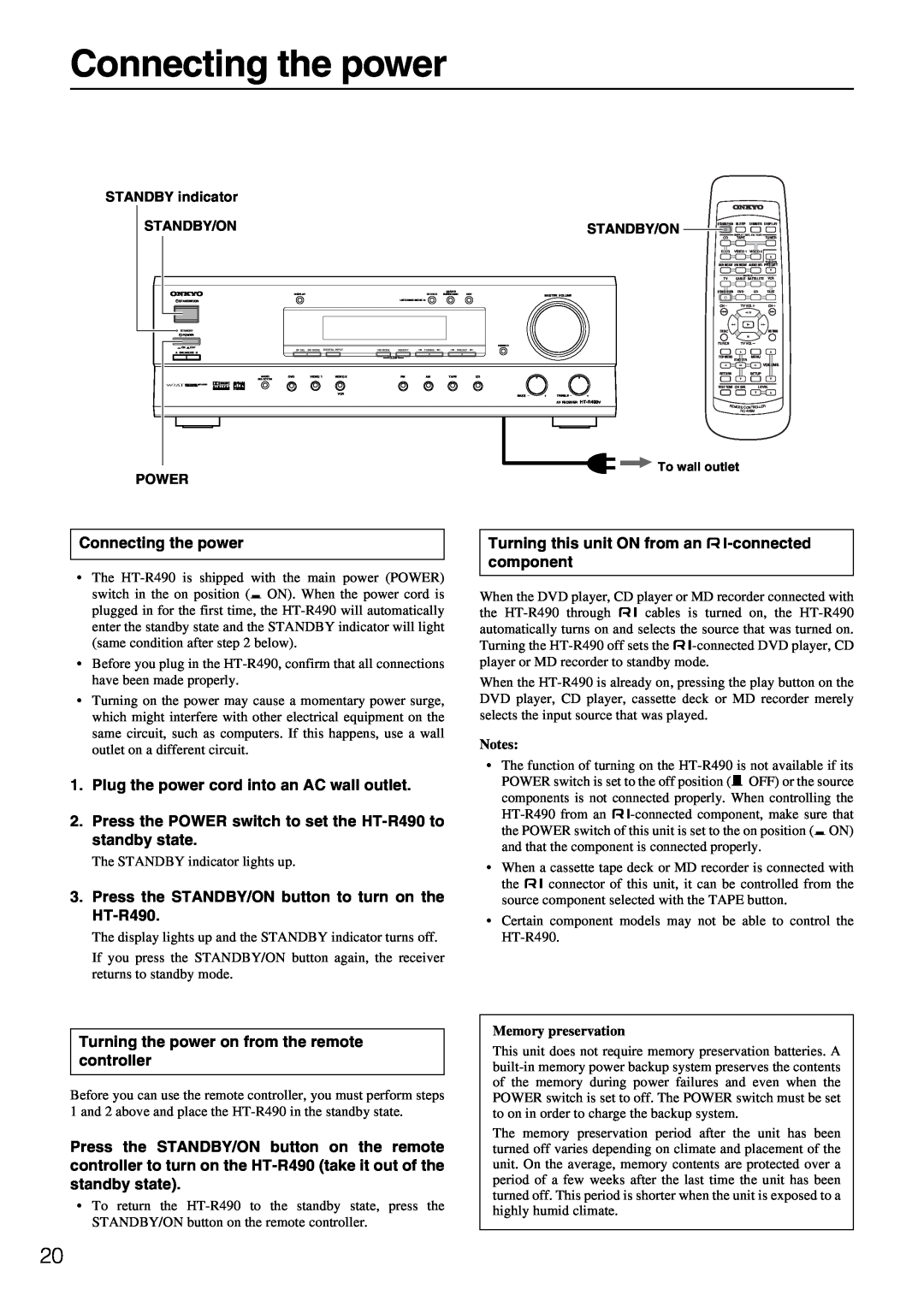 Onkyo HT-R490 appendix Connecting the power, STANDBY indicator, Standby/On, Power, Notes, Memory preservation 