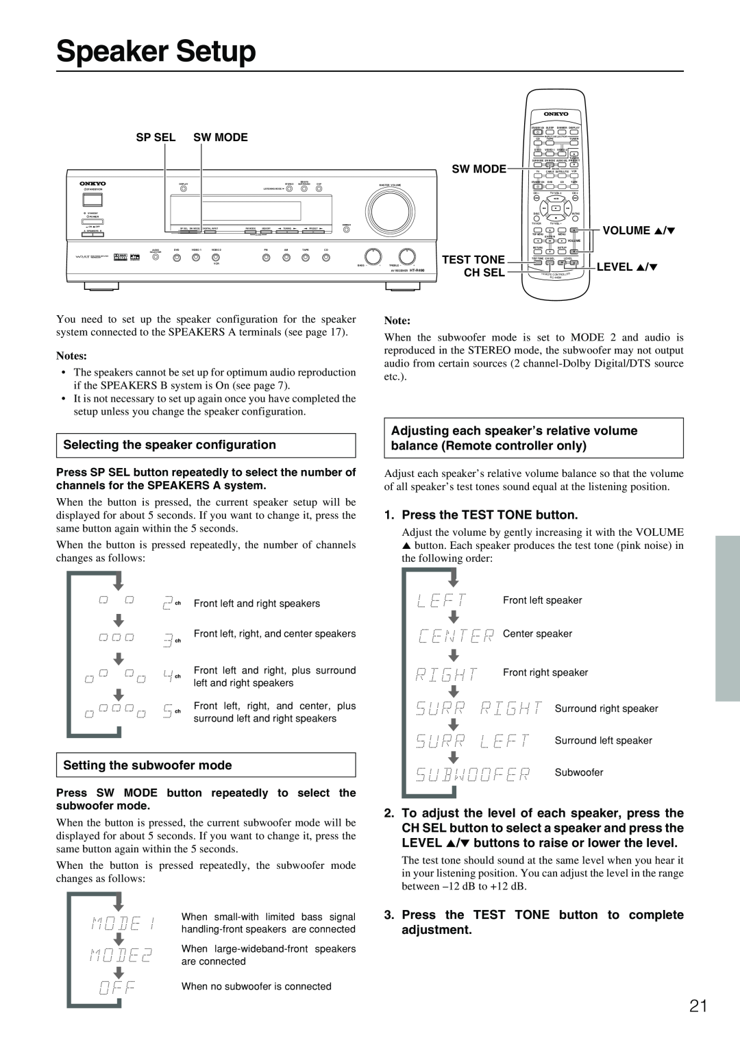 Onkyo HT-R490 appendix Speaker Setup, Sp Sel, Sw Mode Test Tone Ch Sel, VOLUME 5/∞ LEVEL 5/∞, Notes 