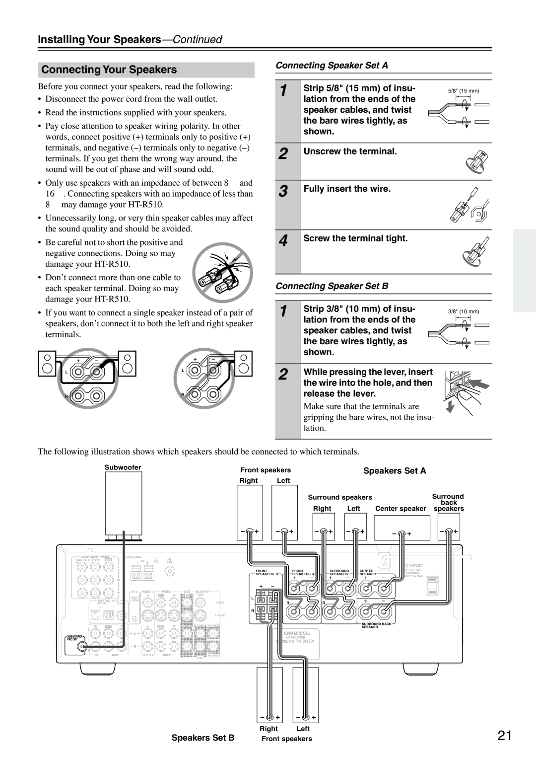 Onkyo HT-R510 Installing Your Speakers Connecting Your Speakers, Connecting Speaker Set a, Connecting Speaker Set B 