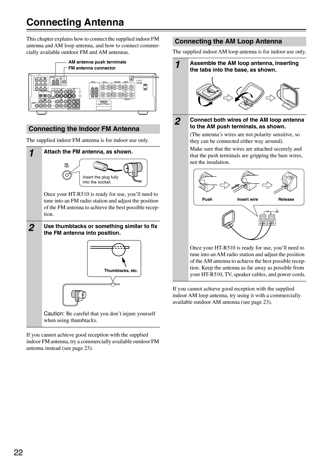 Onkyo HT-R510 instruction manual Connecting Antenna, Connecting the Indoor FM Antenna, Connecting the AM Loop Antenna 