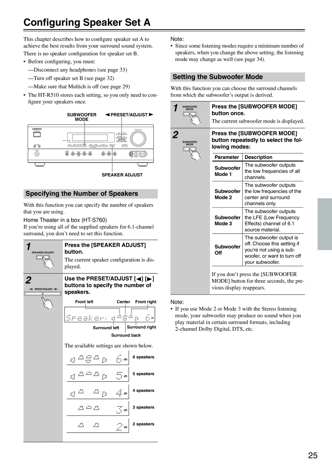 Onkyo HT-R510 instruction manual Conﬁguring Speaker Set a, Setting the Subwoofer Mode, Specifying the Number of Speakers 