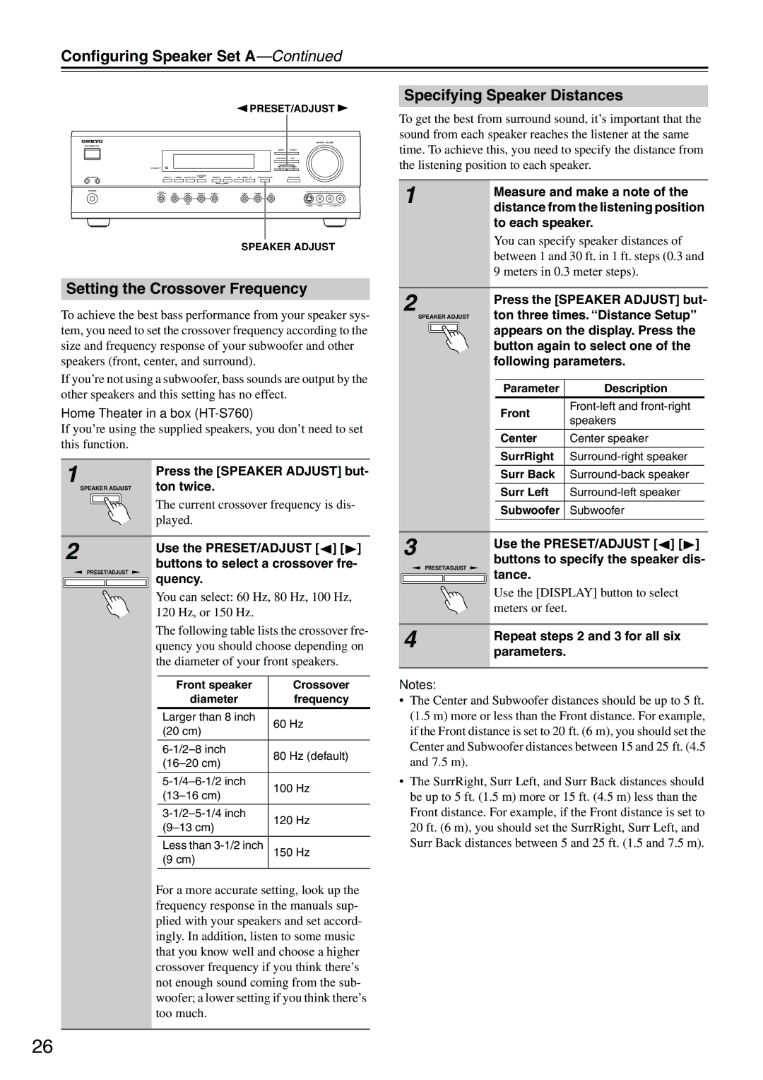 Onkyo HT-R510 instruction manual Conﬁguring Speaker Set a, Specifying Speaker Distances, Setting the Crossover Frequency 