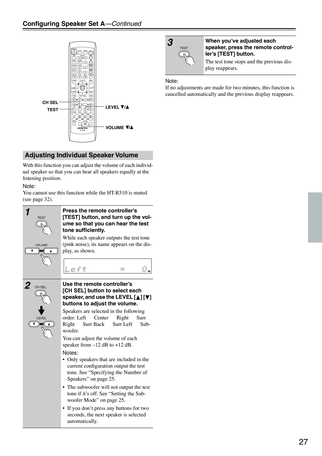 Onkyo HT-R510 instruction manual Adjusting Individual Speaker Volume 