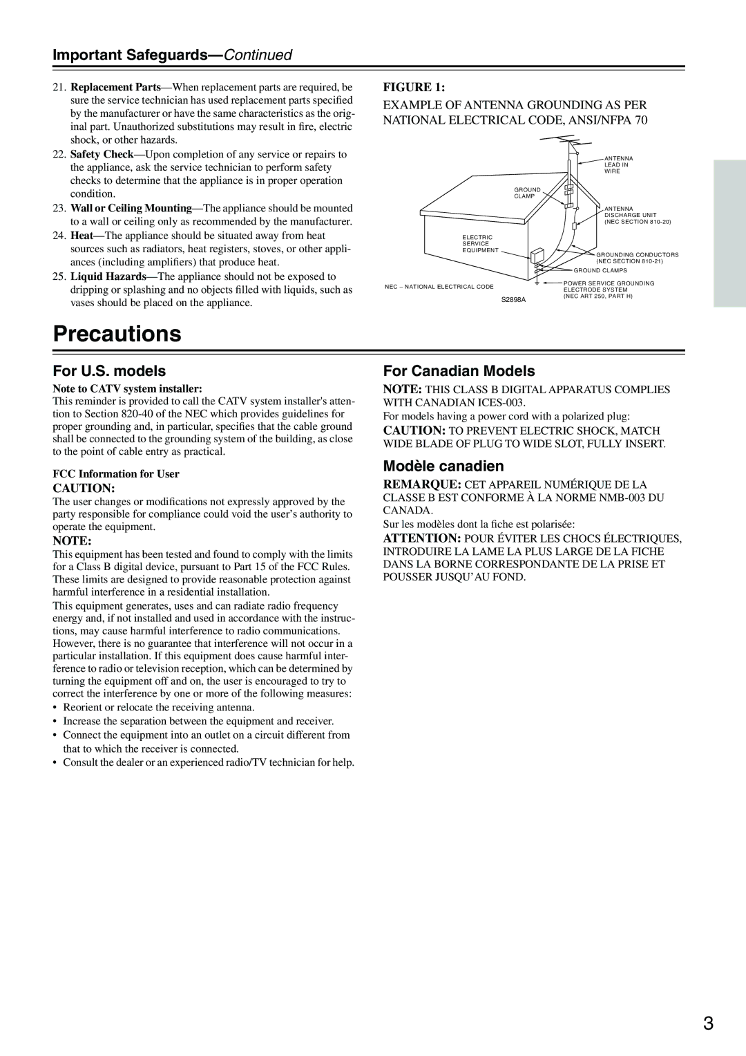 Onkyo HT-R510 instruction manual Precautions, Important Safeguards, For U.S. models, For Canadian Models, Modèle canadien 