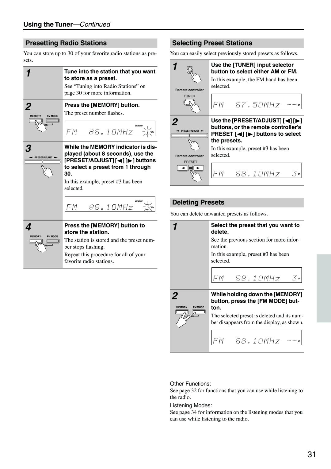 Onkyo HT-R510 instruction manual Using the Tuner Presetting Radio Stations, Selecting Preset Stations, Deleting Presets 