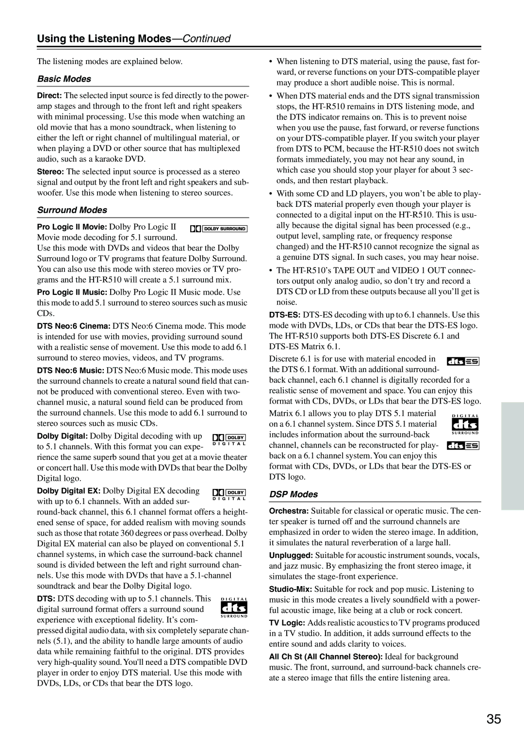 Onkyo HT-R510 instruction manual Using the Listening Modes, Basic Modes, Surround Modes, DSP Modes 