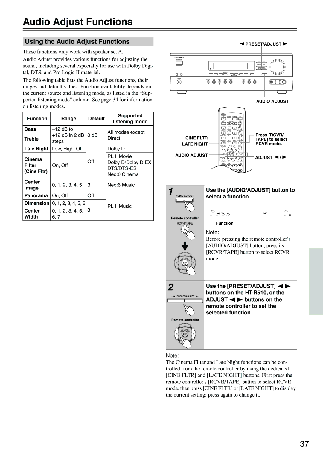 Onkyo HT-R510 instruction manual Using the Audio Adjust Functions 