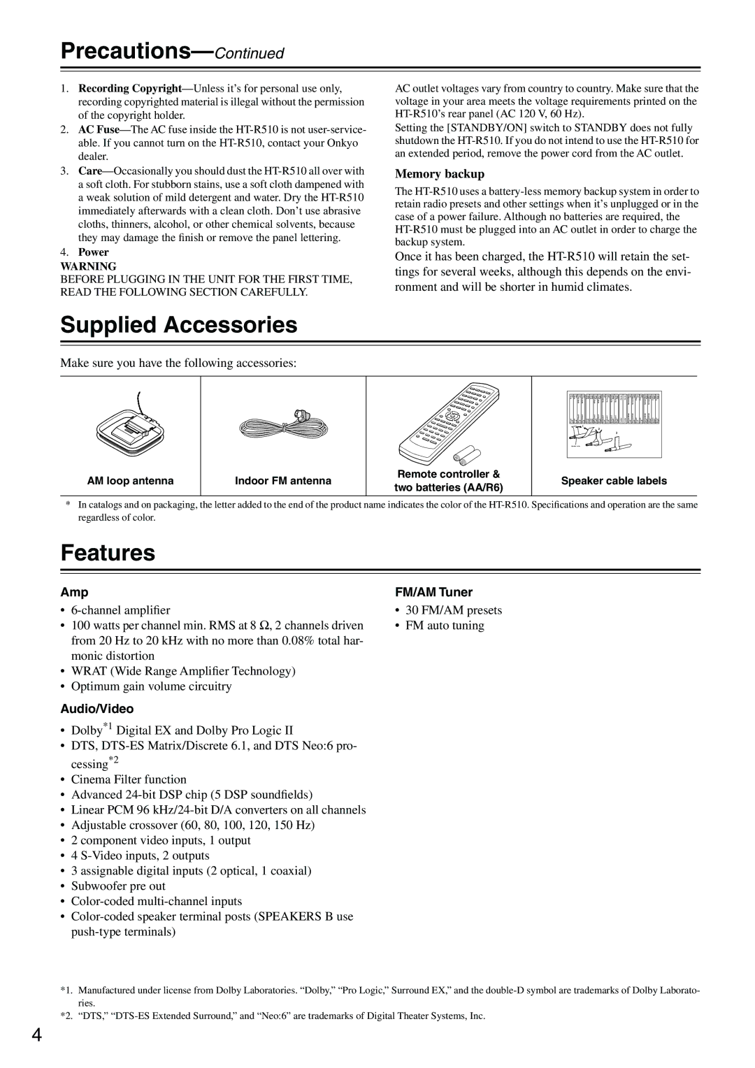 Onkyo HT-R510 instruction manual Supplied Accessories, Features, Memory backup, Amp FM/AM Tuner, Audio/Video 