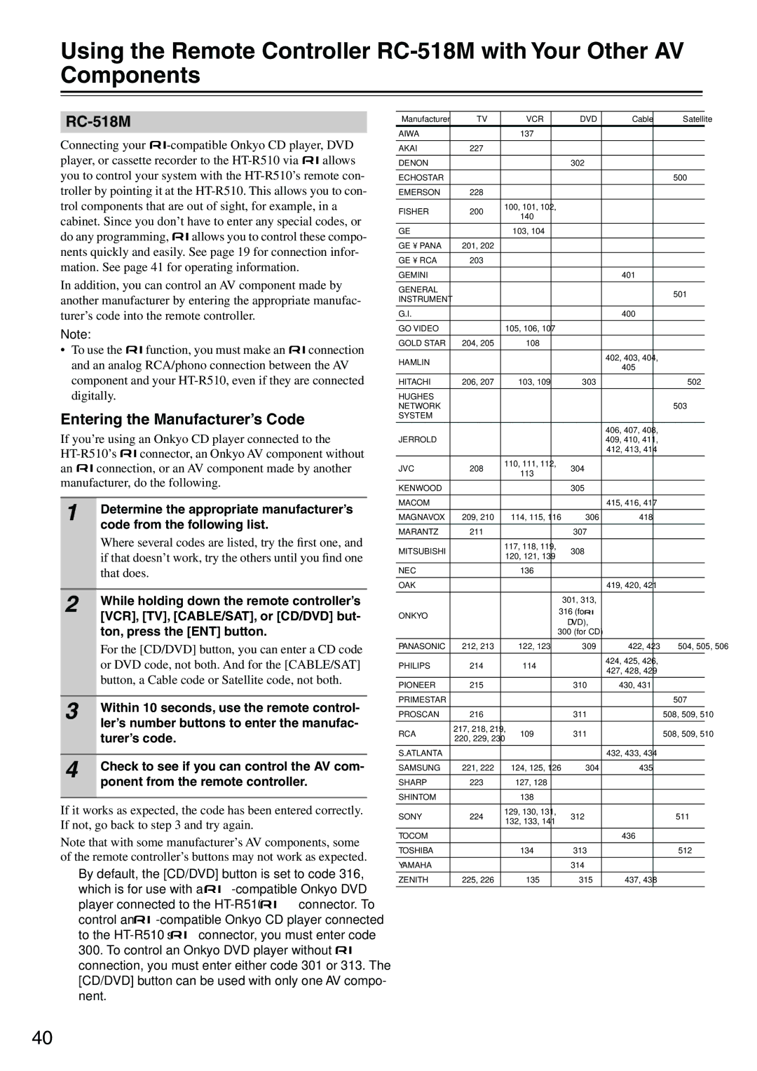 Onkyo HT-R510 instruction manual RC-518M, Entering the Manufacturer’s Code 