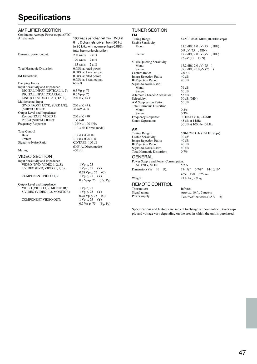 Onkyo HT-R510 instruction manual Speciﬁcations, Amplifier Section 