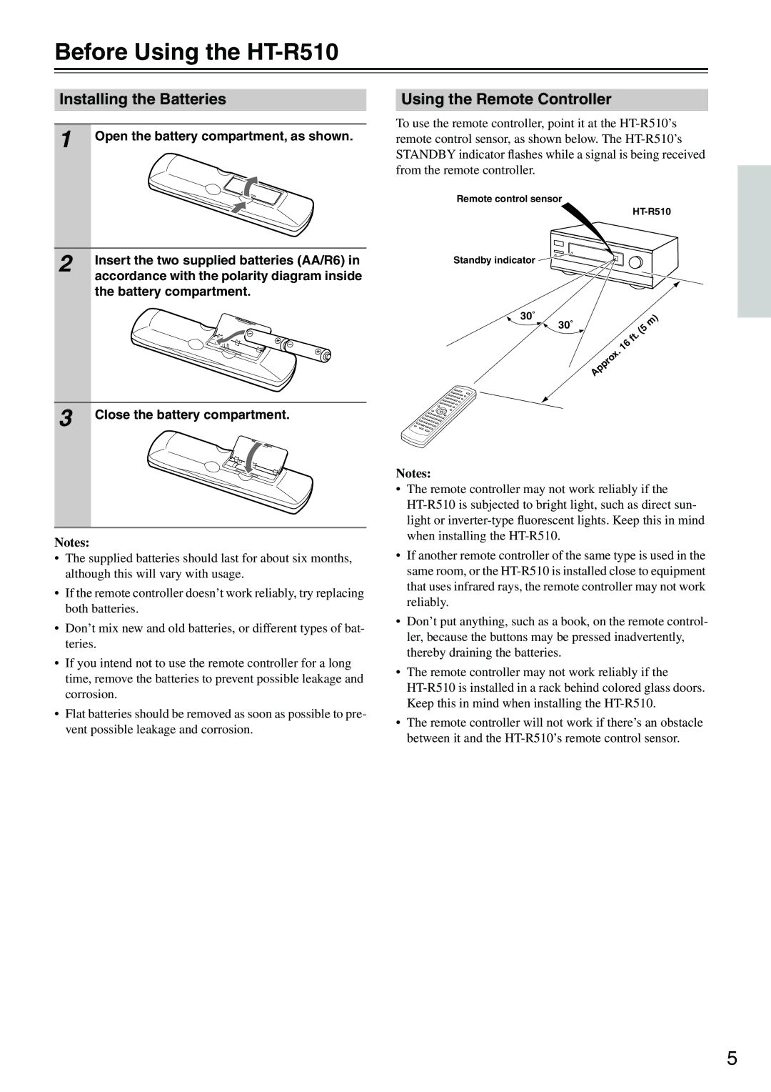 Onkyo instruction manual Before Using the HT-R510, Installing the Batteries, Using the Remote Controller 