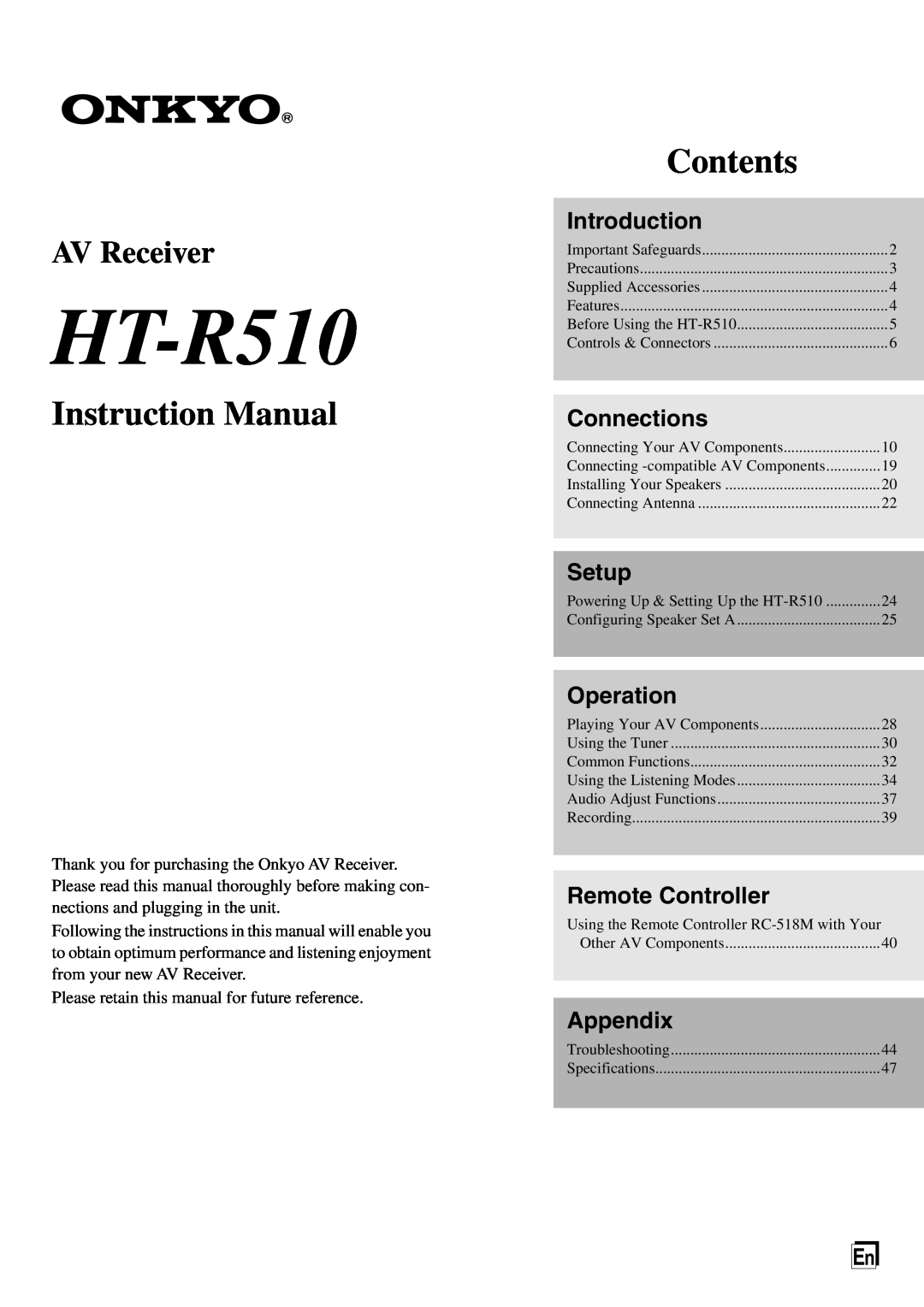 Onkyo HT-R510 instruction manual Introduction, Connections, Setup, Operation, Remote Controller, Appendix, Contents 
