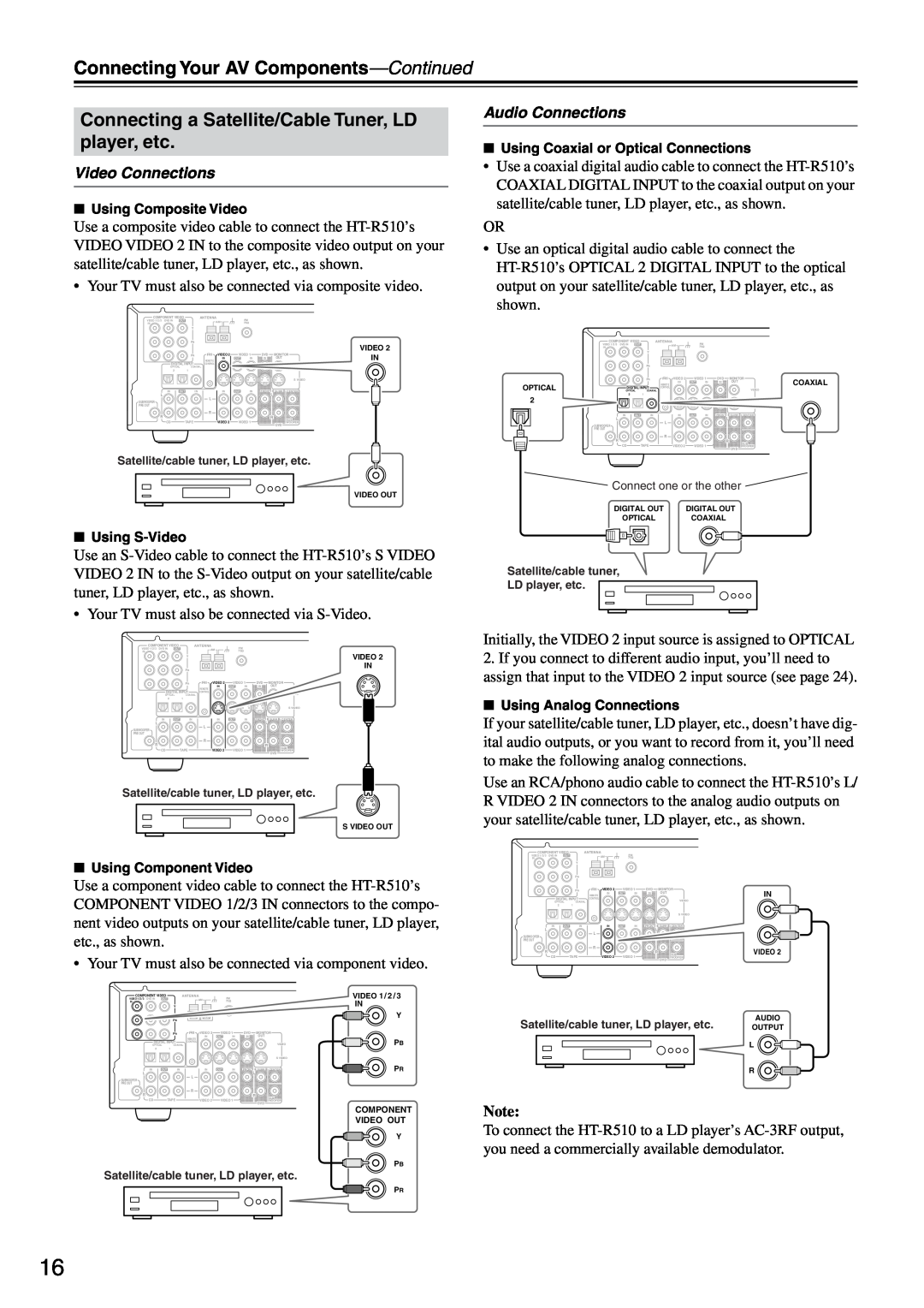 Onkyo HT-R510 instruction manual Connecting Your AV Components-Continued, Video Connections, Audio Connections 