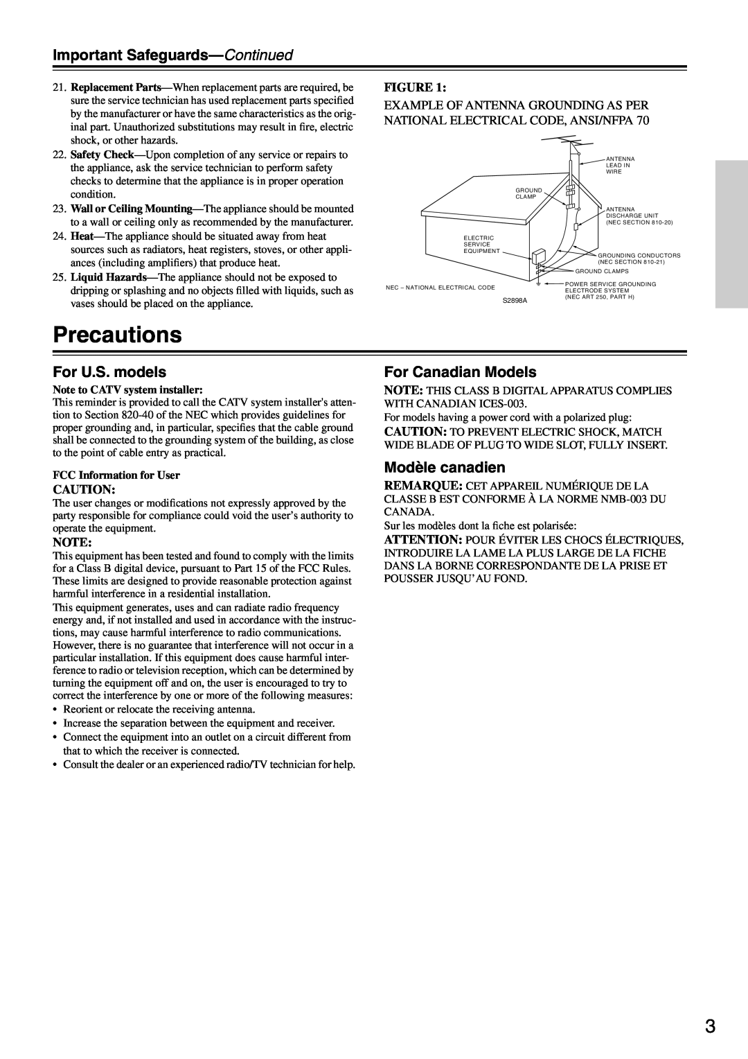 Onkyo HT-R510 Precautions, Important Safeguards-Continued, For U.S. models, For Canadian Models, Modèle canadien 