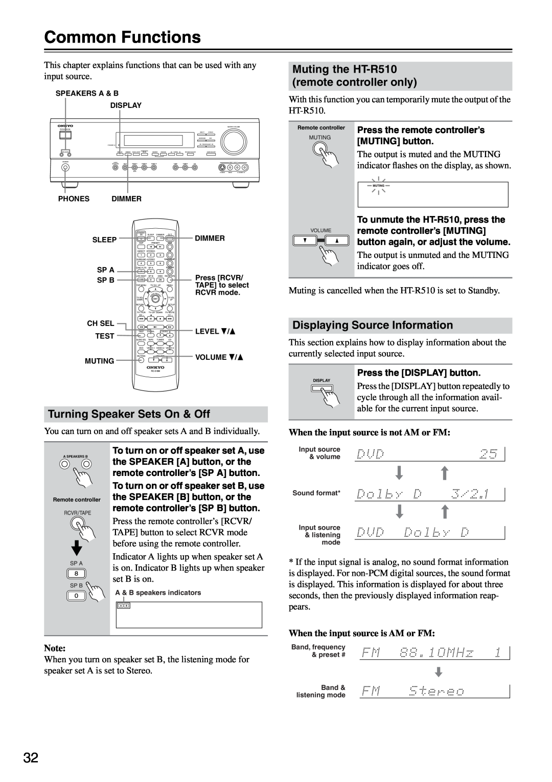 Onkyo instruction manual Common Functions, Turning Speaker Sets On & Off, Muting the HT-R510remote controller only 