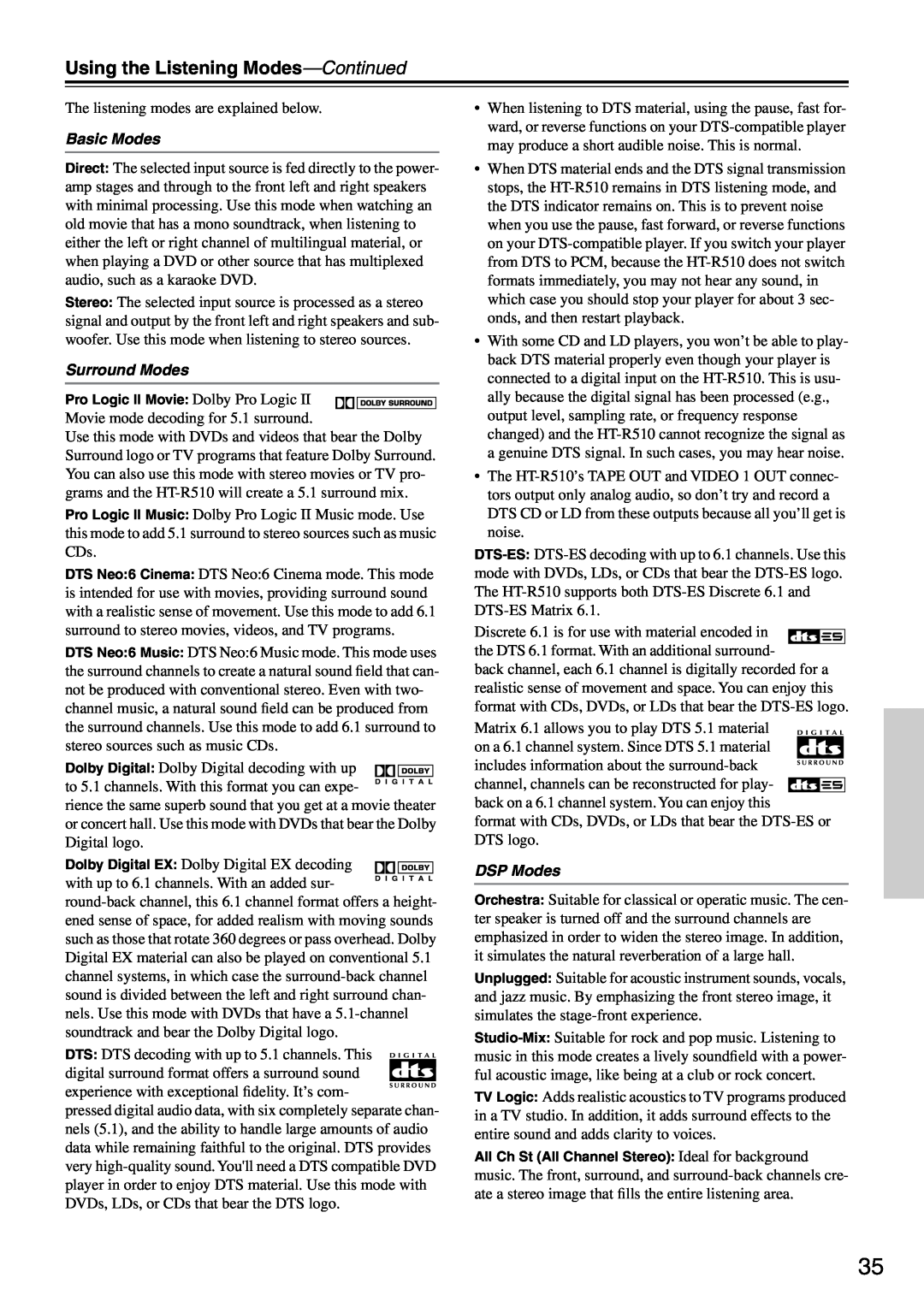 Onkyo HT-R510 instruction manual Using the Listening Modes-Continued, Basic Modes, Surround Modes, DSP Modes 