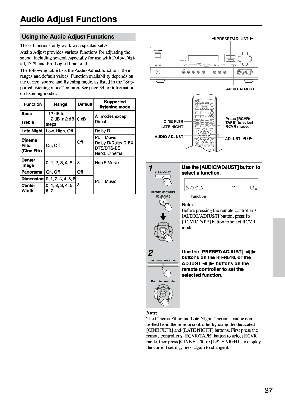 Onkyo HT-R510 instruction manual Using the Audio Adjust Functions 