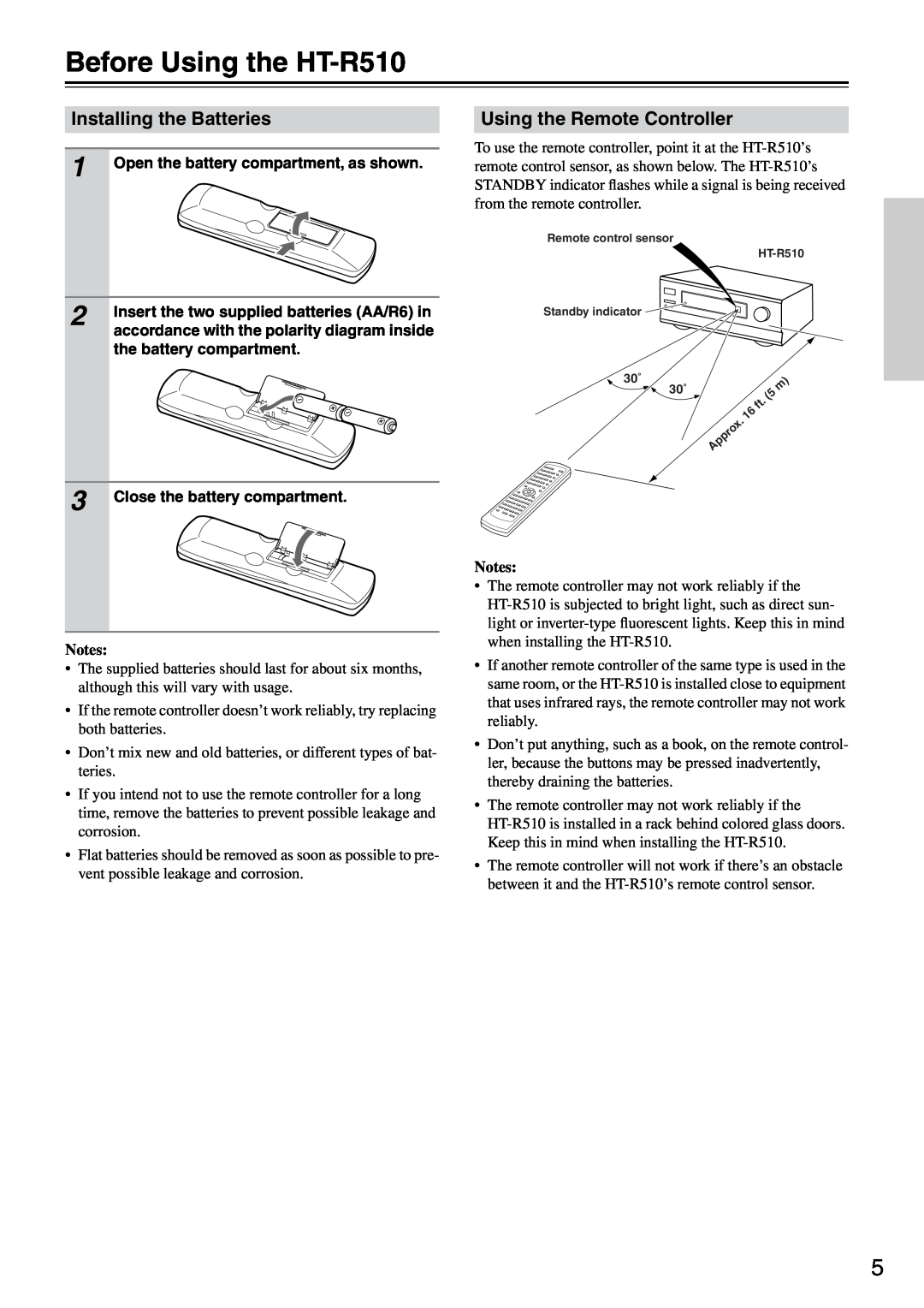 Onkyo instruction manual Before Using the HT-R510, Installing the Batteries, Using the Remote Controller 