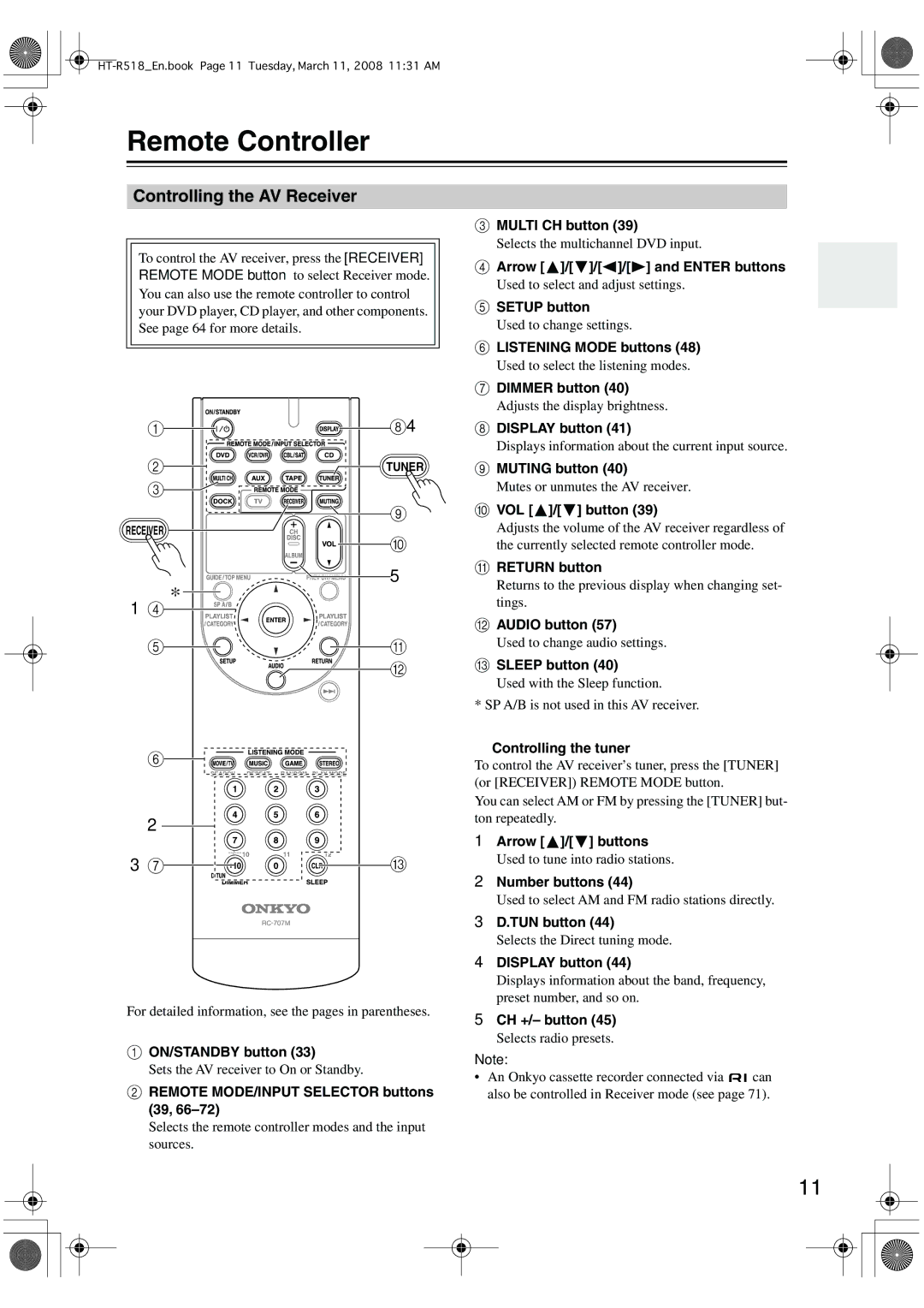 Onkyo HT-R518 instruction manual Remote Controller, Controlling the AV Receiver 