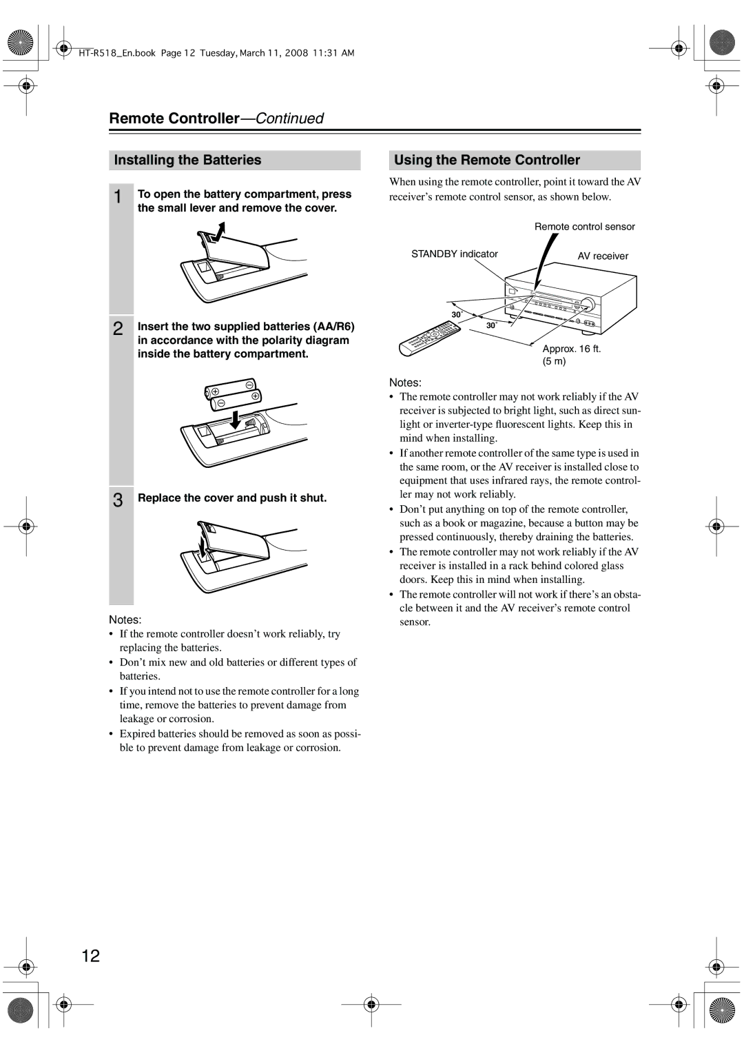 Onkyo HT-R518 instruction manual Installing the Batteries, Using the Remote Controller 