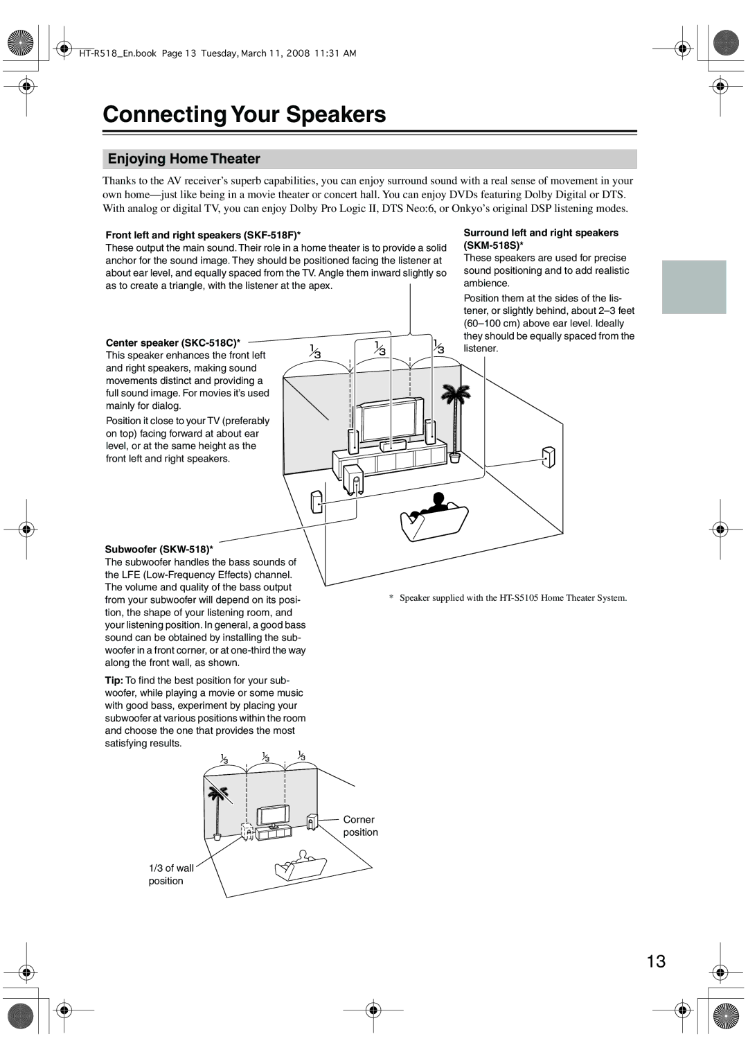 Onkyo HT-R518 instruction manual Connecting Your Speakers, Enjoying Home Theater 