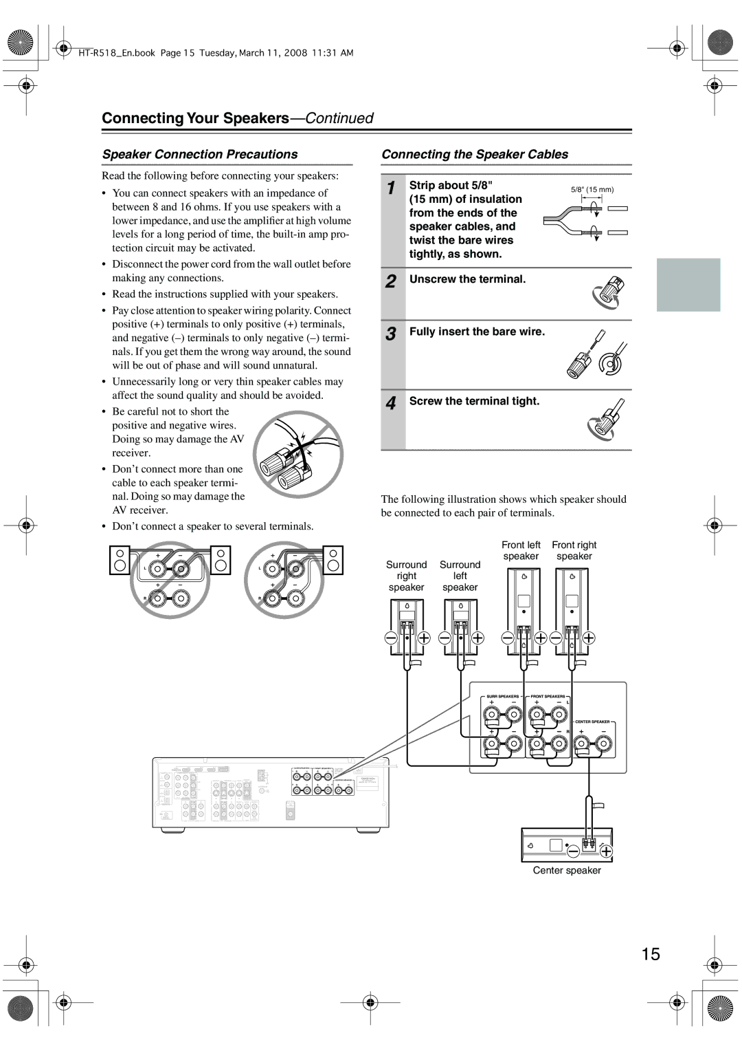 Onkyo HT-R518 instruction manual Speaker Connection Precautions, Connecting the Speaker Cables, Strip about 5/8 