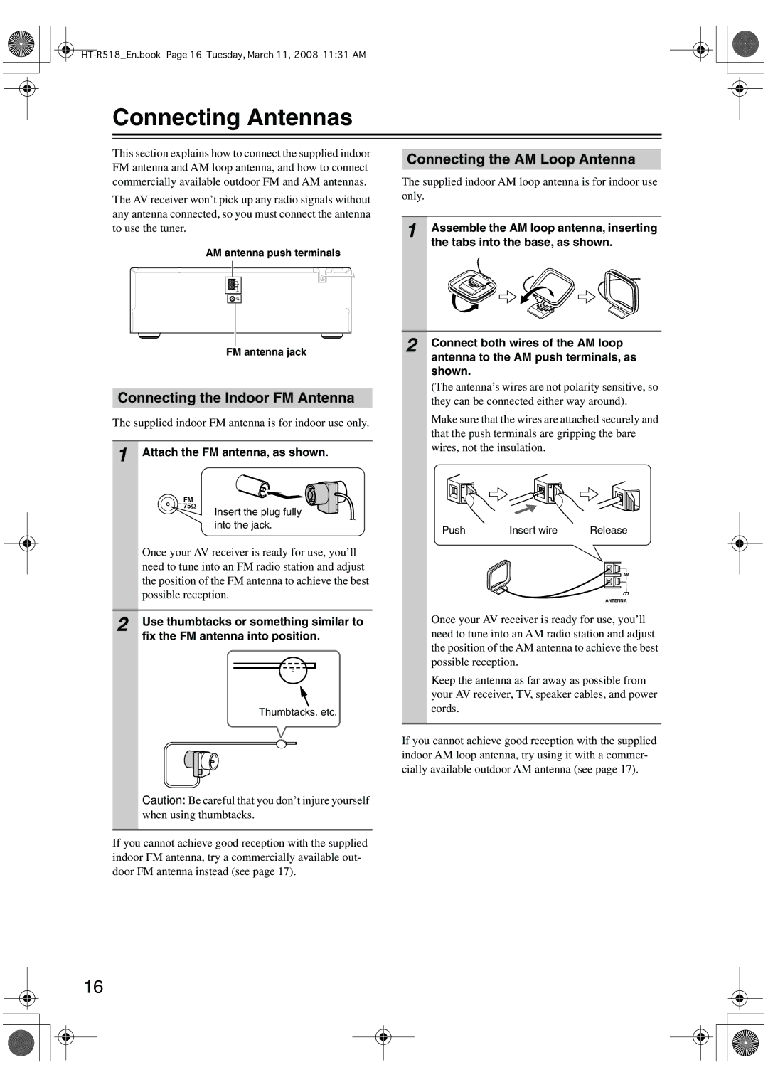 Onkyo HT-R518 instruction manual Connecting Antennas, Connecting the Indoor FM Antenna, Connecting the AM Loop Antenna 