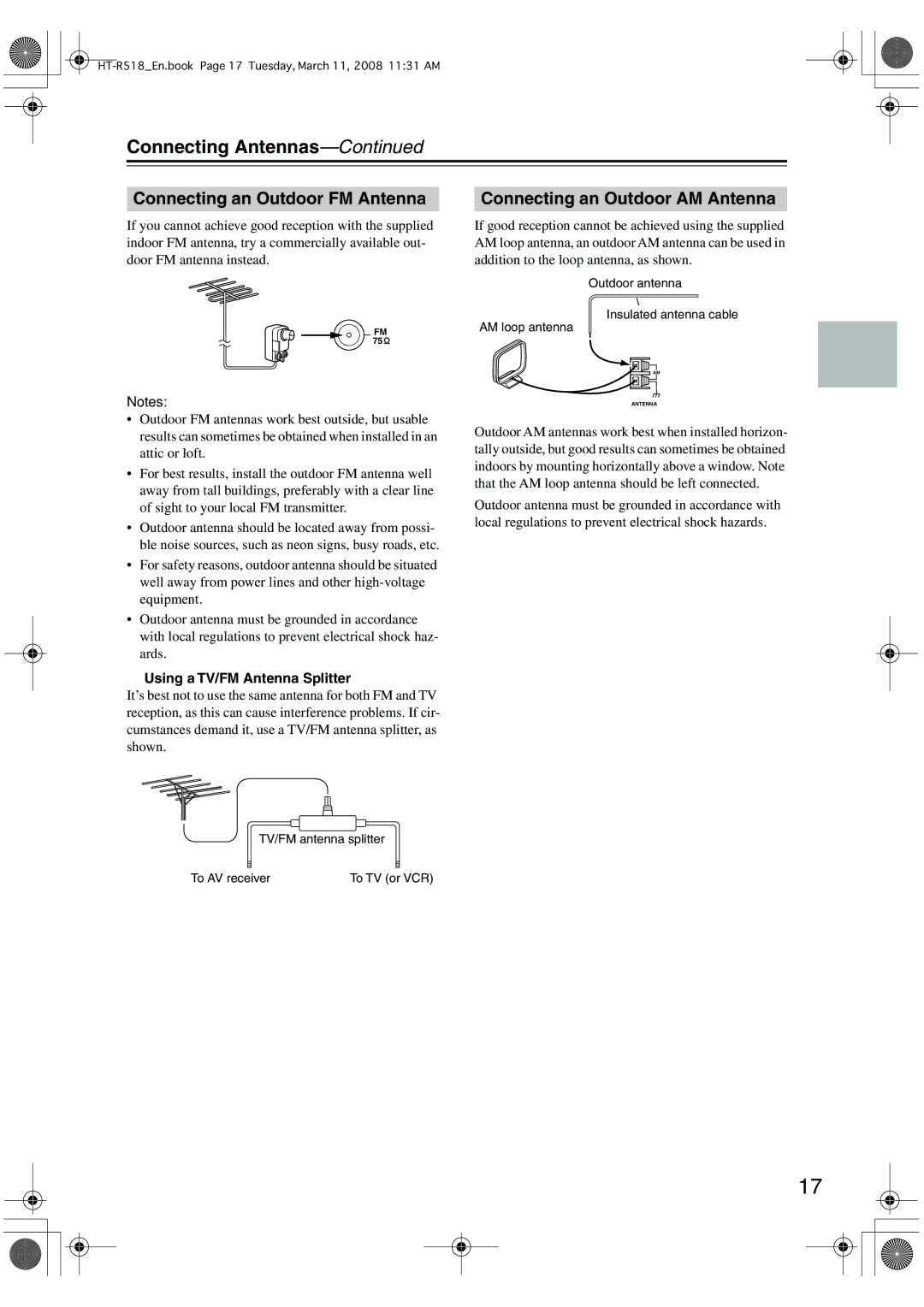 Onkyo HT-R518 instruction manual Connecting Antennas, Connecting an Outdoor FM Antenna, Connecting an Outdoor AM Antenna 