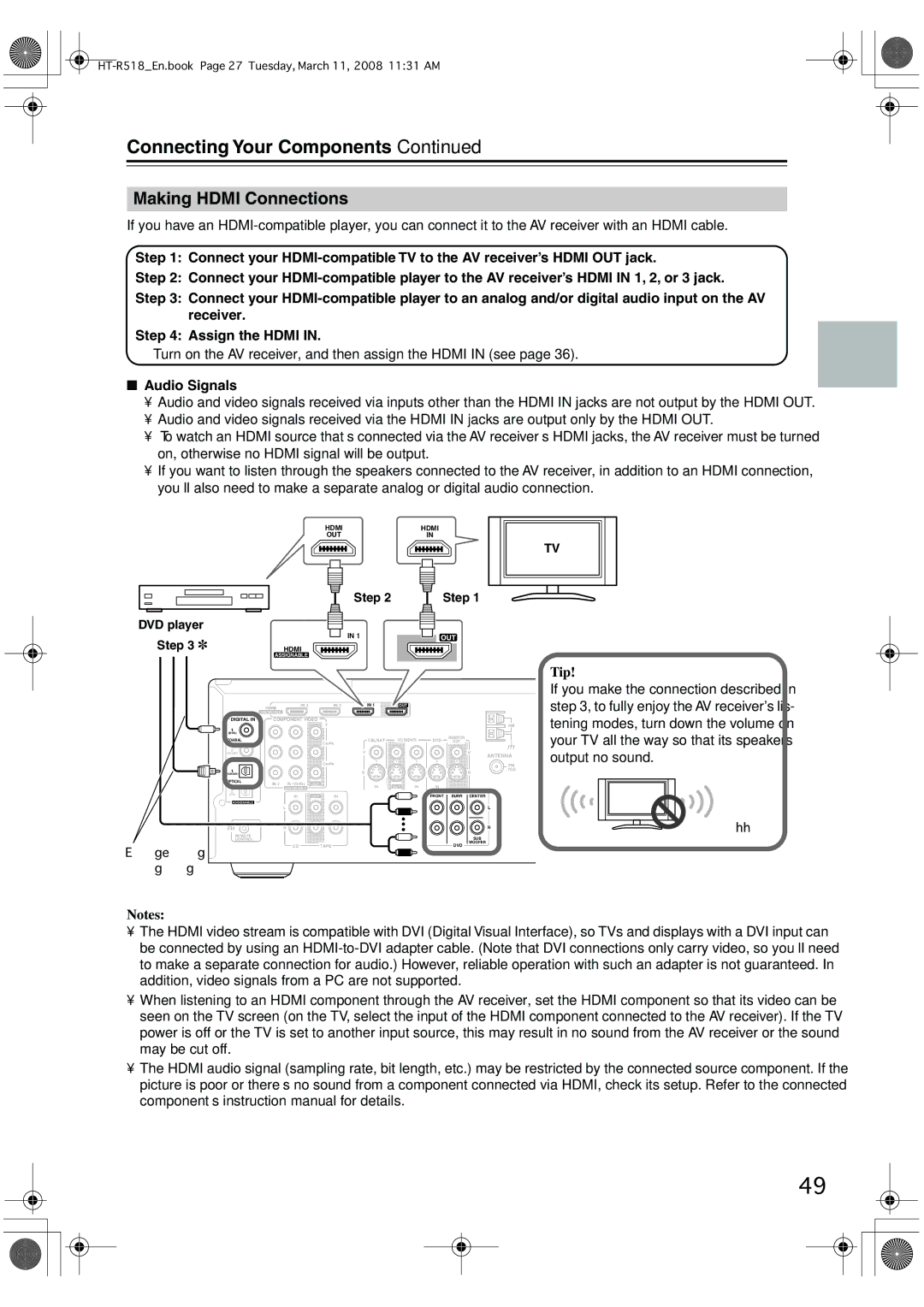 Onkyo HT-R518 Making Hdmi Connections, Turn on the AV receiver, and then assign the Hdmi in see, Audio Signals, Tip 