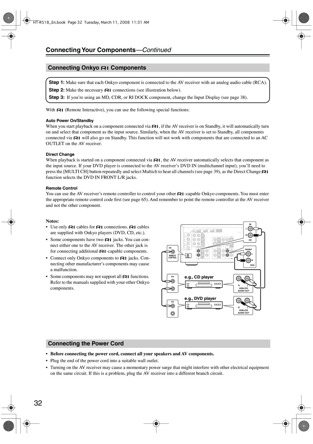 Onkyo HT-R518 Connecting Onkyo Components, Connecting the Power Cord, Some components may not support all Functions 